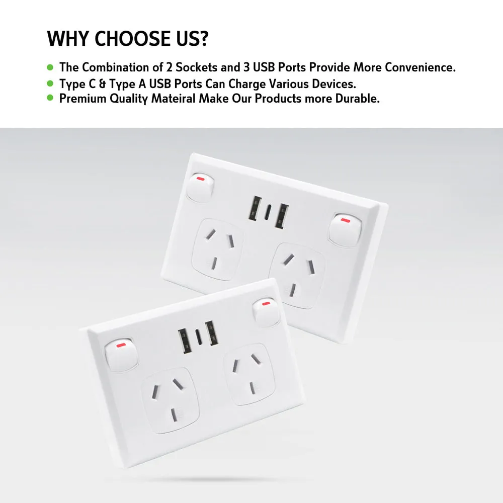 5PCS Double Power Point Dual USB   Type-C GPO | Fast Charge 3.6 Amp Wall Outlet