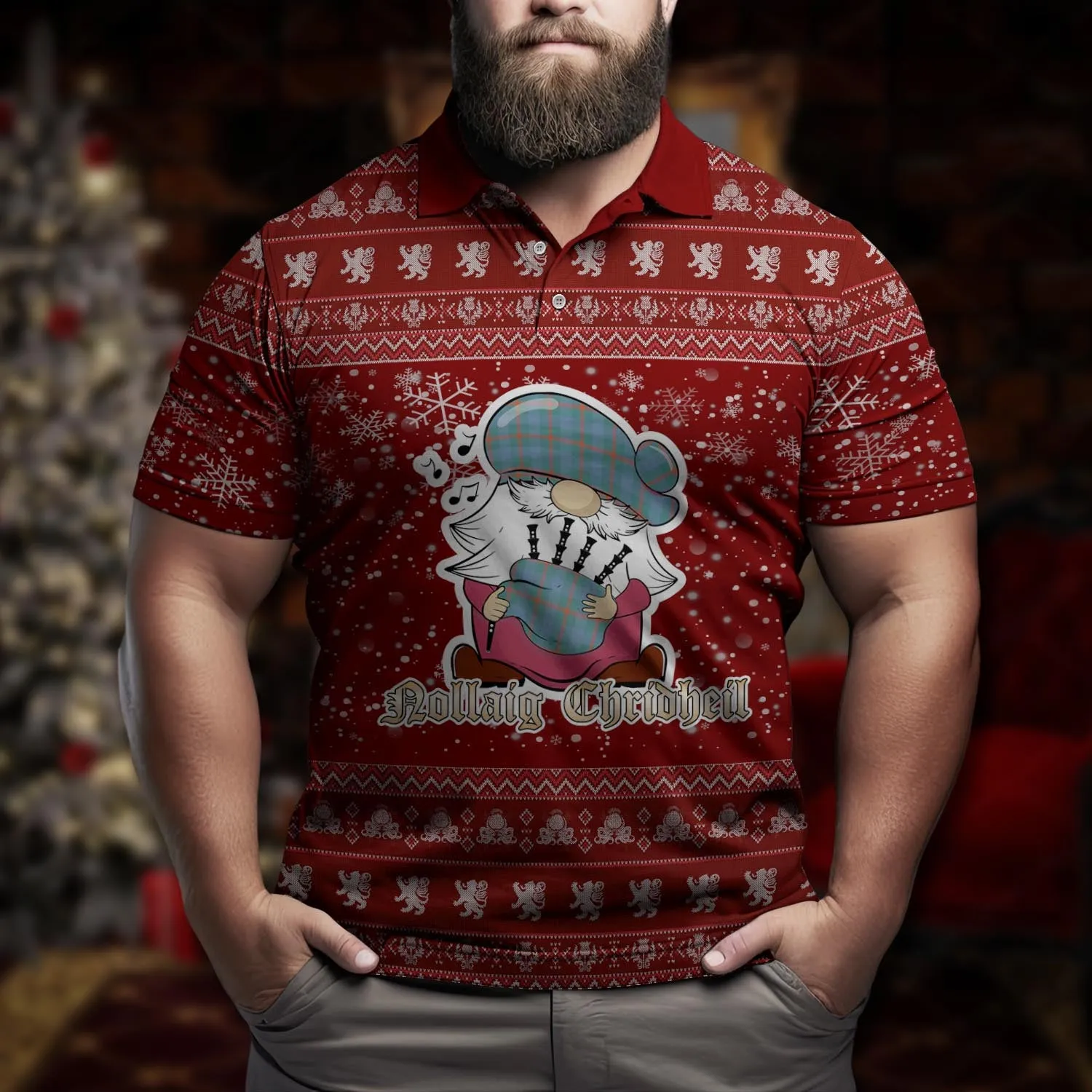 Agnew Ancient Clan Christmas Family Polo Shirt with Funny Gnome Playing Bagpipes