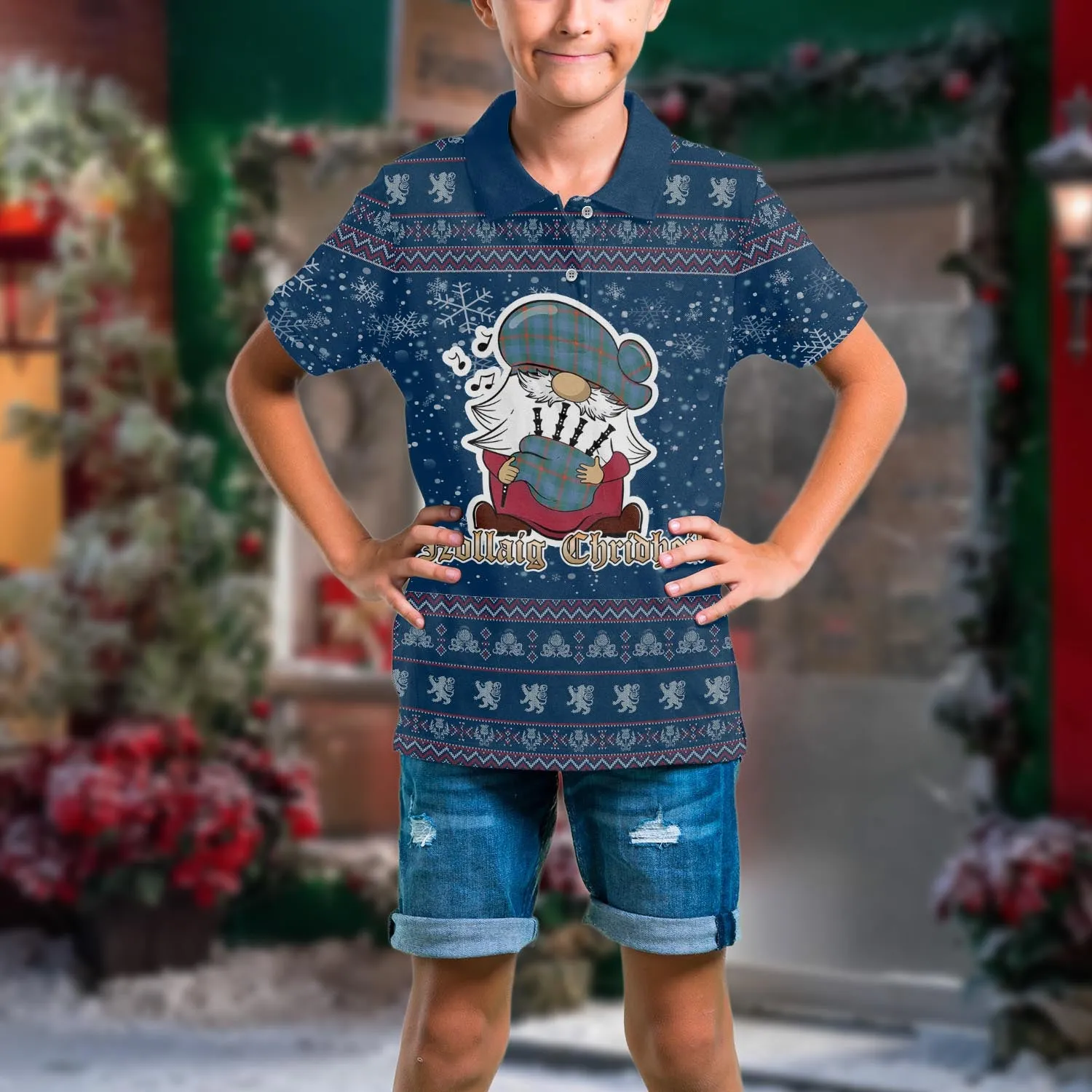 Agnew Ancient Clan Christmas Family Polo Shirt with Funny Gnome Playing Bagpipes