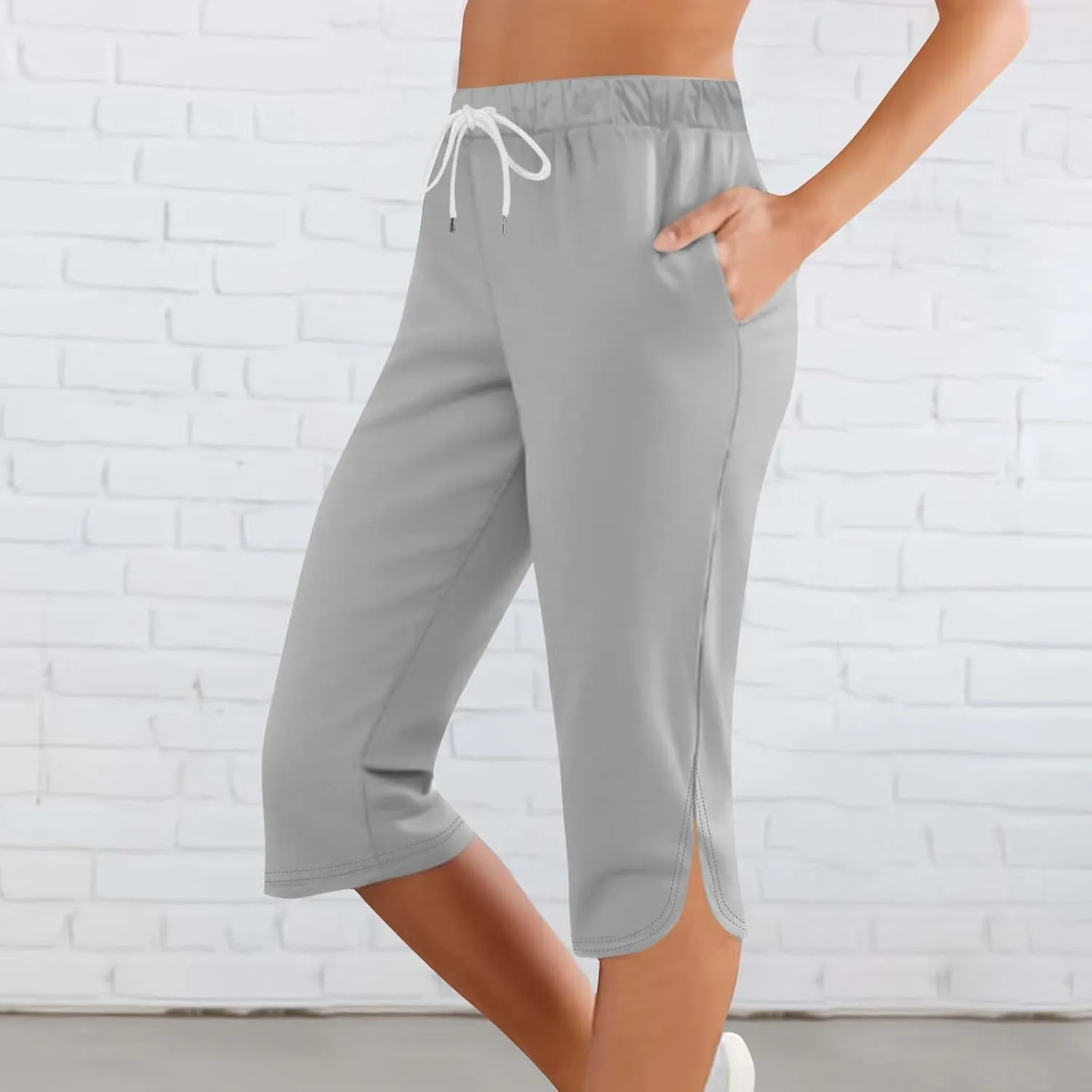 Akklian Summer Leggings with Pockets for Women Straight Wide Leg Cropped Trousers Drawstring Elastic Waist Side Slit Trousers
