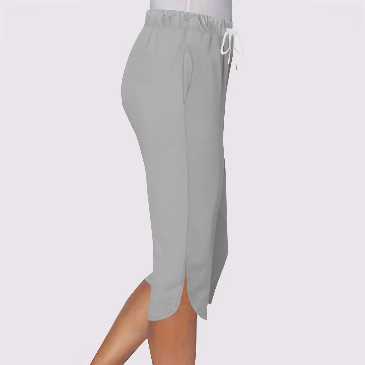 Akklian Summer Leggings with Pockets for Women Straight Wide Leg Cropped Trousers Drawstring Elastic Waist Side Slit Trousers
