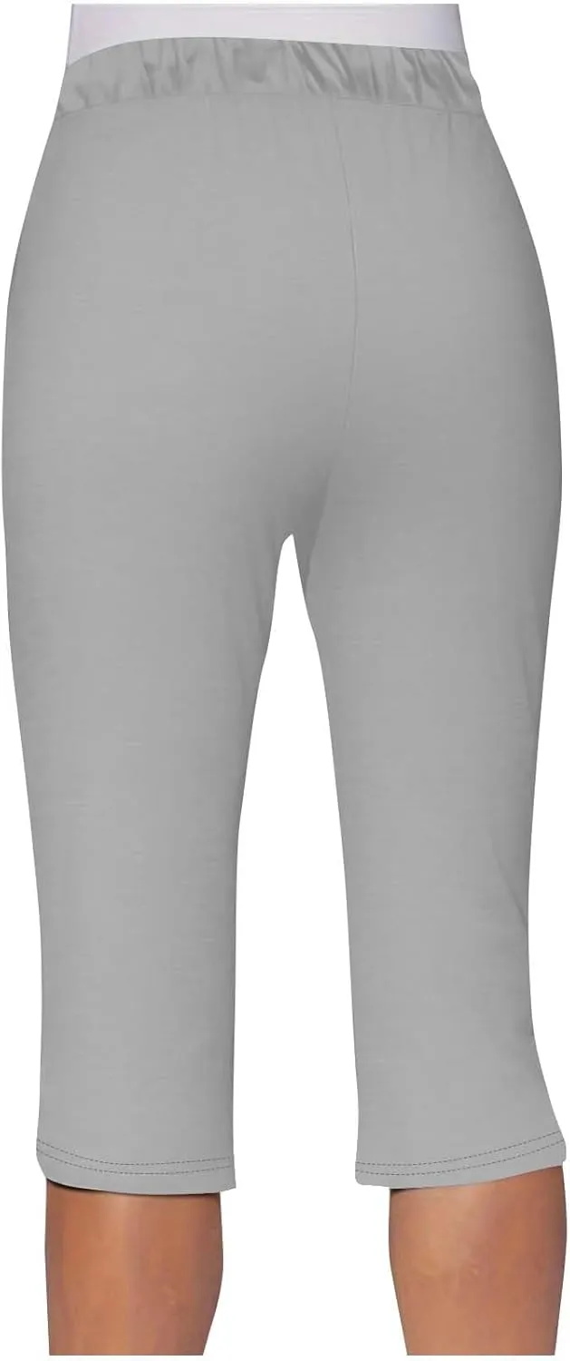 Akklian Summer Leggings with Pockets for Women Straight Wide Leg Cropped Trousers Drawstring Elastic Waist Side Slit Trousers