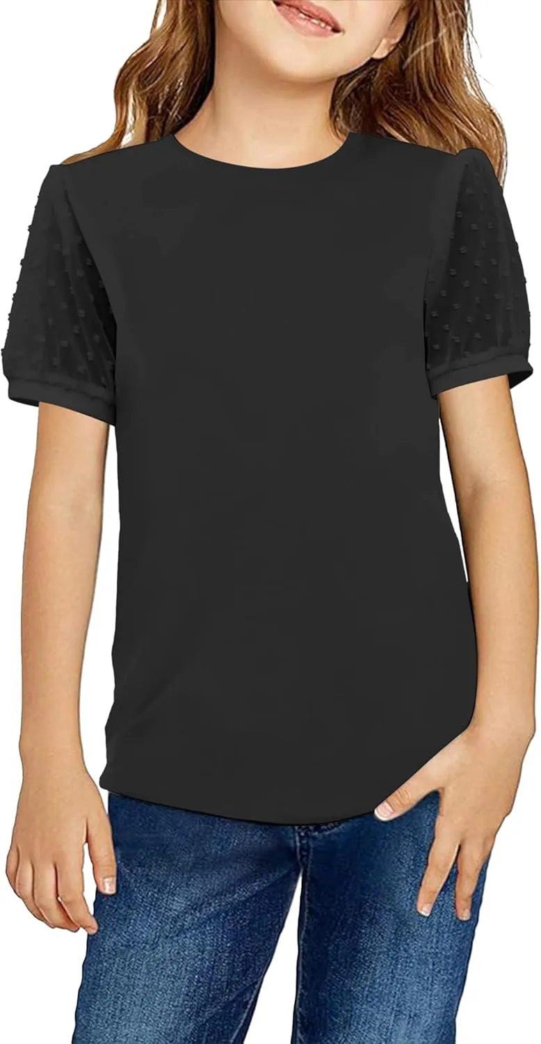 Arshiner Girls T Shirts Puff Short Sleeves with Polka Swiss Dots Tops for Kids Casual Summer Blouse Tunic Tee Tops