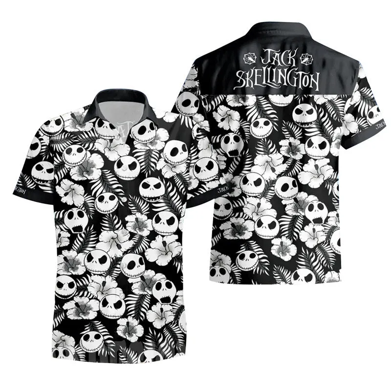 Jack Skellington Flower Tropical Black White Polo Shirt