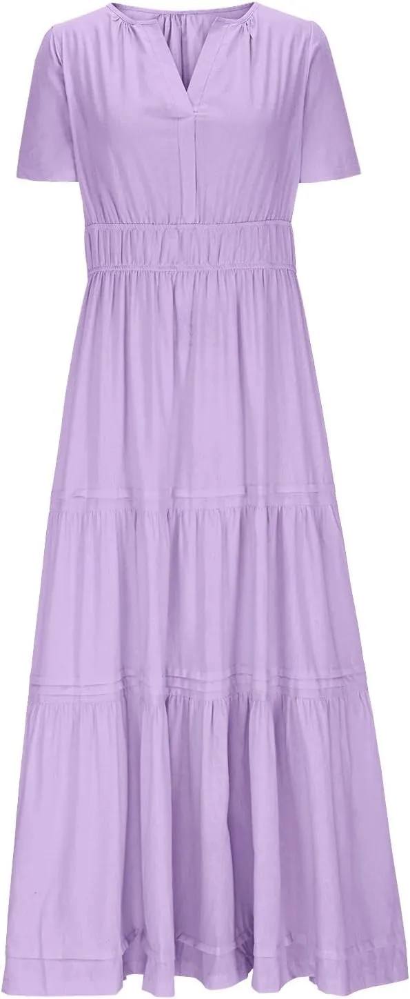 Linen Dresses for Women 2025,Flowy Pleated T Shirt Modest Maxi Dresses Trendy Cute Beach Vacation A Line Sundresses