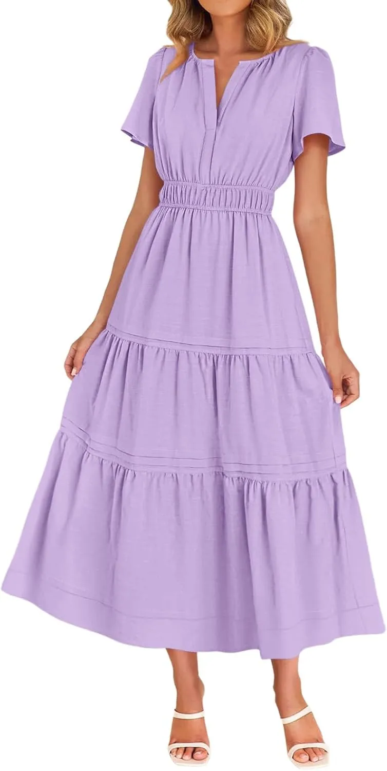 Linen Dresses for Women 2025,Flowy Pleated T Shirt Modest Maxi Dresses Trendy Cute Beach Vacation A Line Sundresses