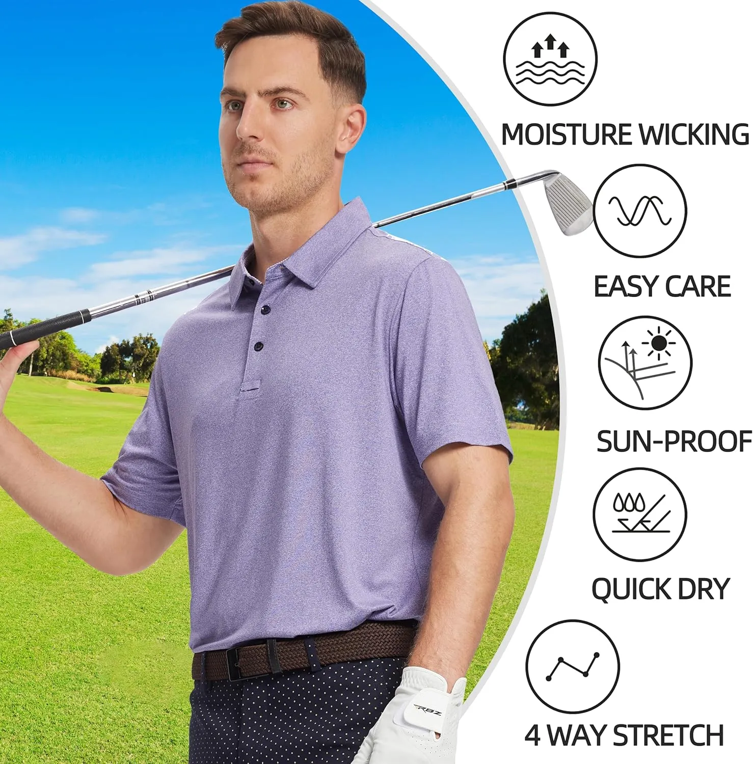 Mens Golf Polo Shirt Moisture Wicking Dry Fit Performance Athletic Short Sleeve Striped Golf Shirts for Men