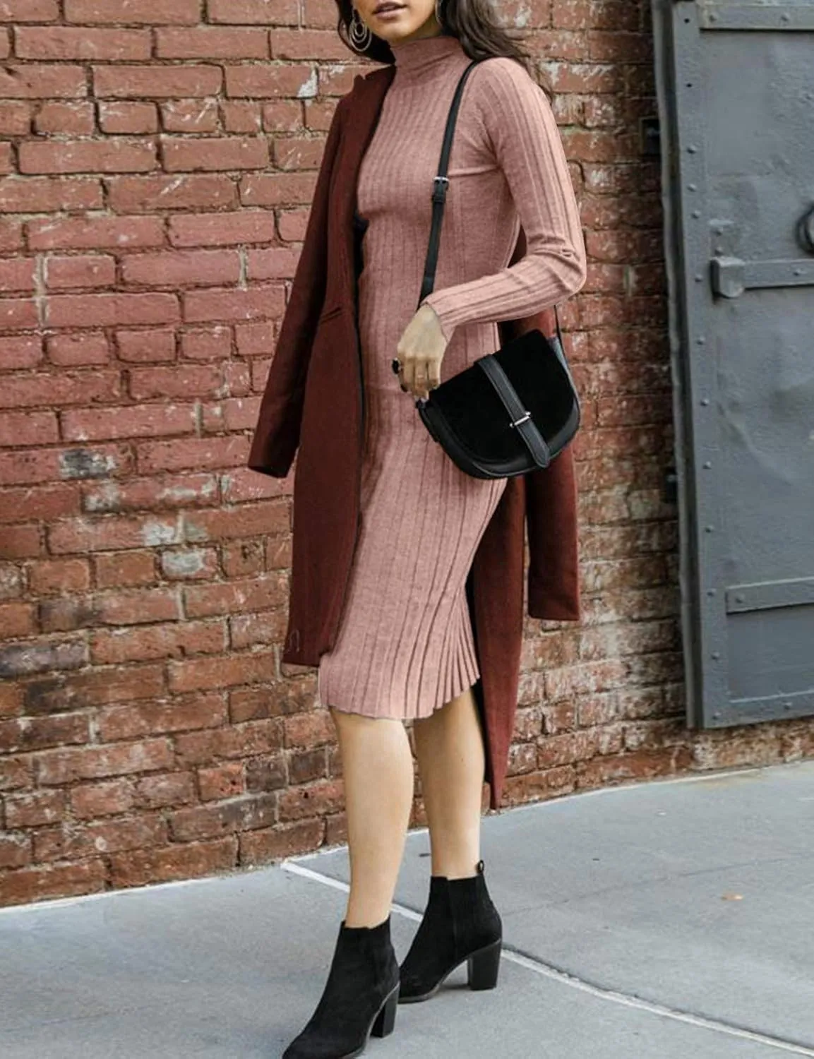 MEROKEETY Women's 2025 Ribbed Long Sleeve Sweater Dress High Neck Slim Fit Knitted Midi Dress