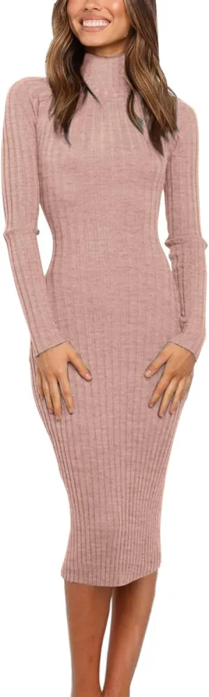 MEROKEETY Women's 2025 Ribbed Long Sleeve Sweater Dress High Neck Slim Fit Knitted Midi Dress