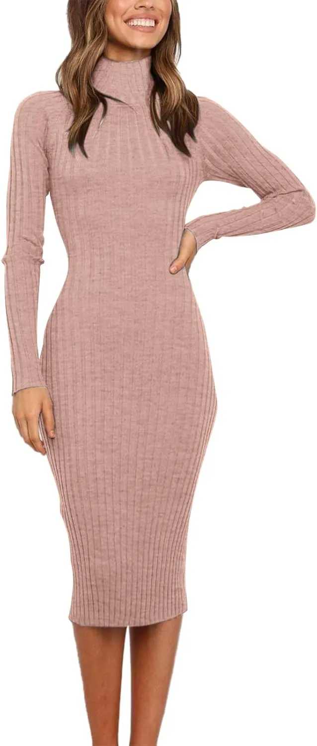 MEROKEETY Women's 2025 Ribbed Long Sleeve Sweater Dress High Neck Slim Fit Knitted Midi Dress