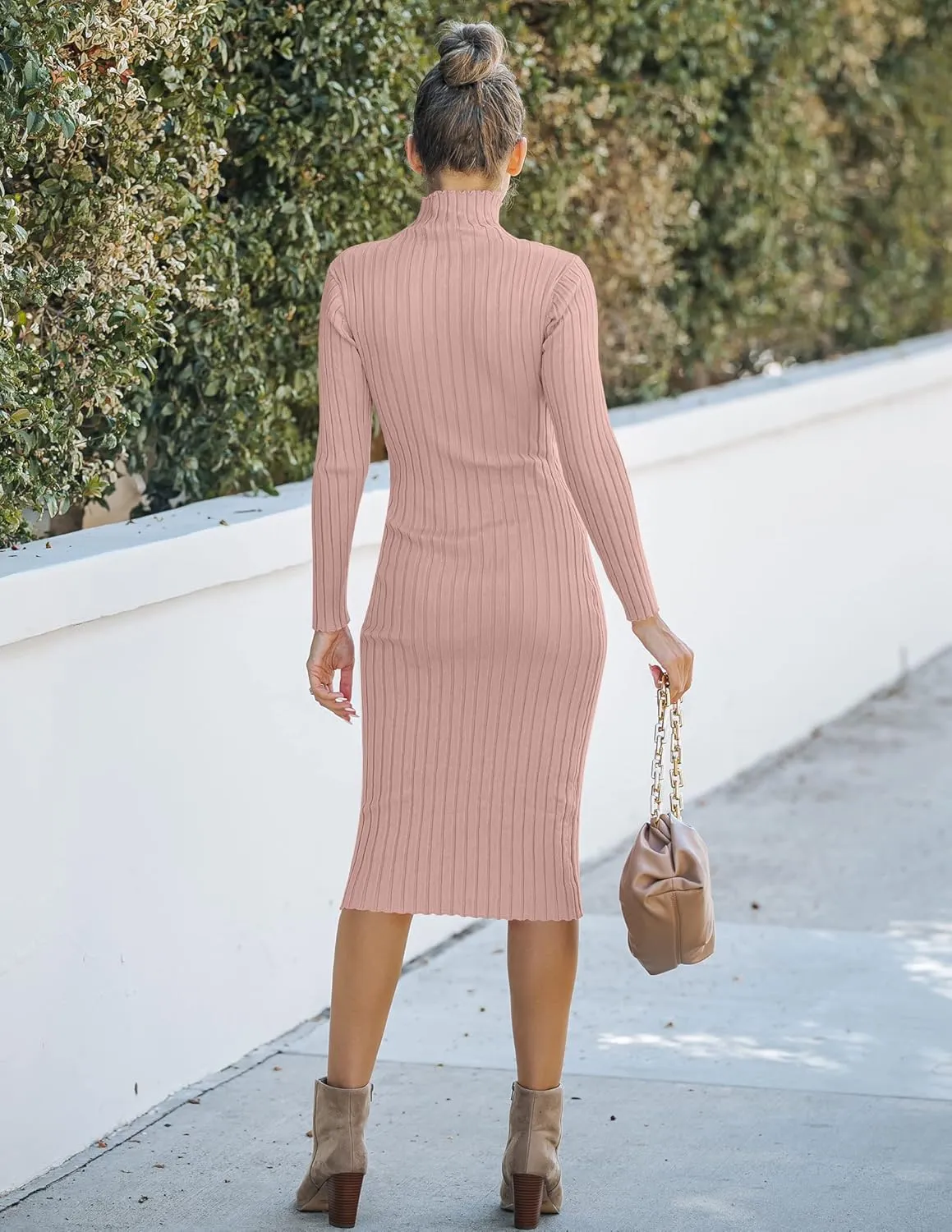 MEROKEETY Women's 2025 Ribbed Long Sleeve Sweater Dress High Neck Slim Fit Knitted Midi Dress