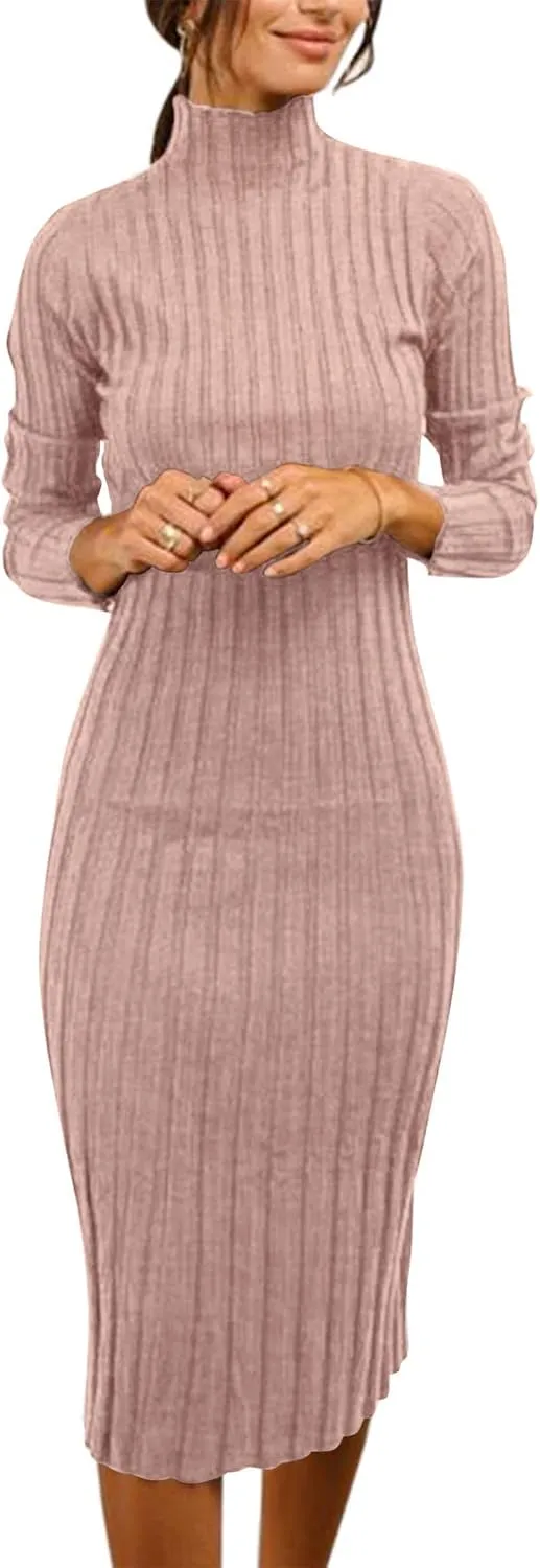 MEROKEETY Women's 2025 Ribbed Long Sleeve Sweater Dress High Neck Slim Fit Knitted Midi Dress