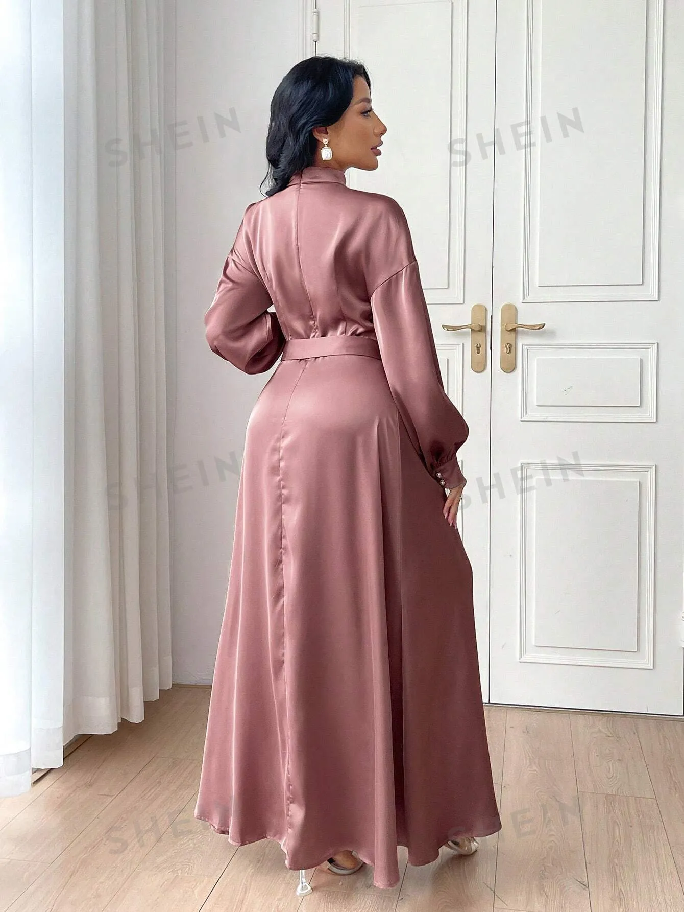 Modely Women Elegant Solid Color Lantern Sleeve Buckle Waist Dress,Elegant Evening Party Maxi Dress