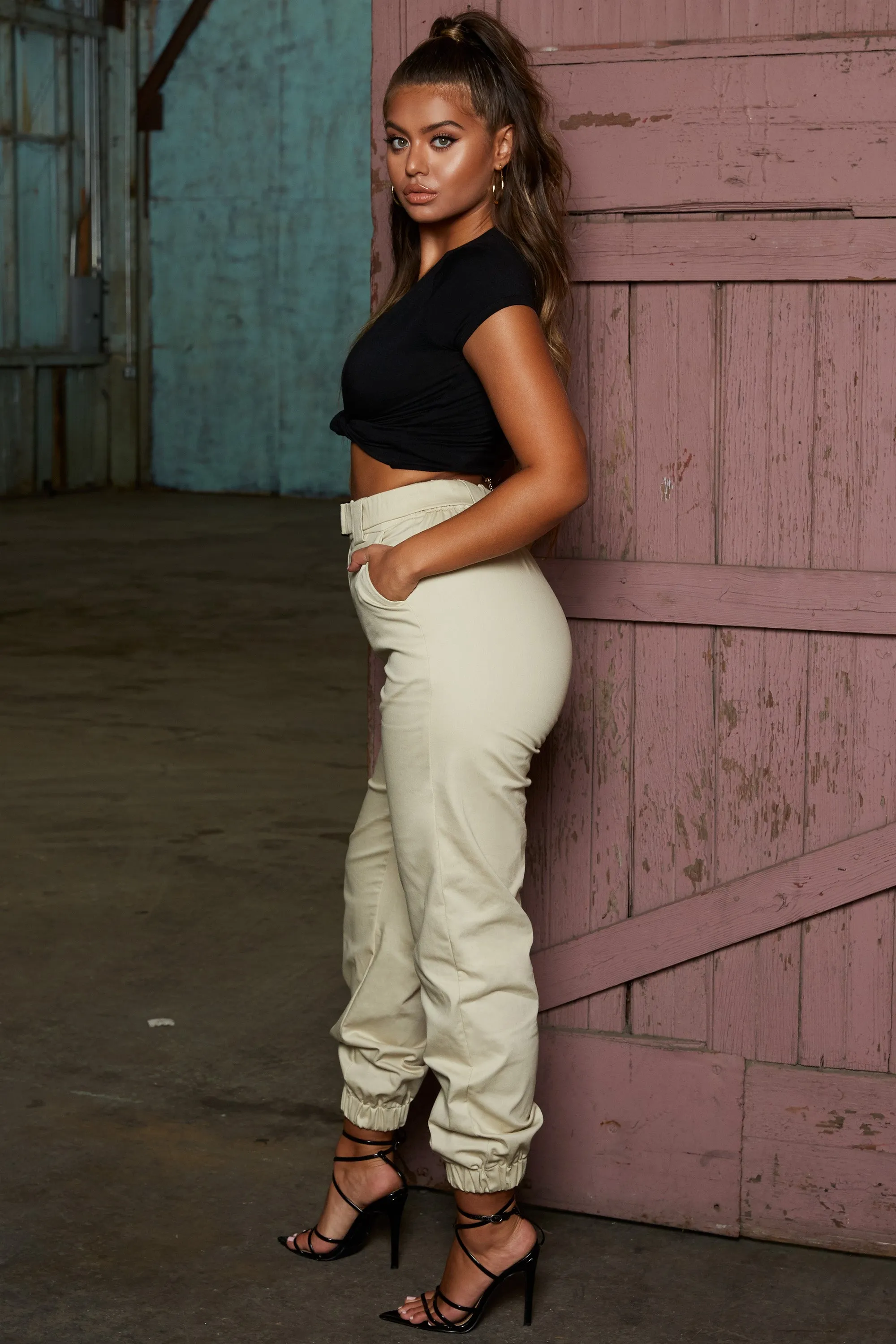 Reporting For Duty High Waisted Cargo Trousers in Beige