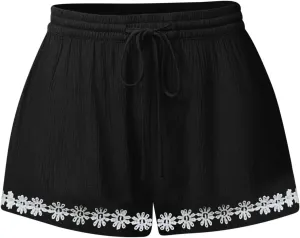 Summer Shorts for Women 2025 Trendy Casual Lace Hem Beach Shorts Plus Size Elastic High Waist Summer Wide Leg Short
