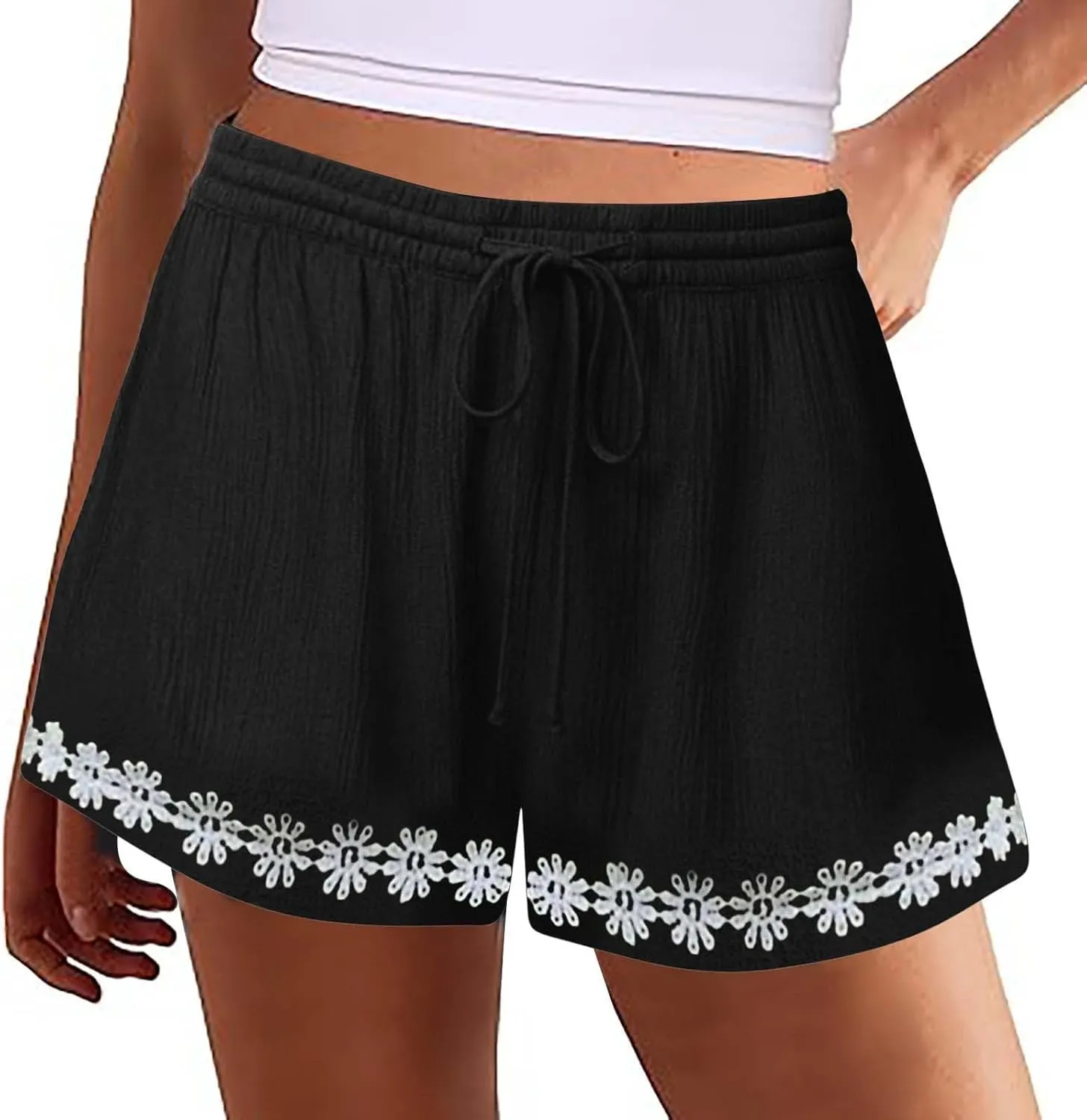 Summer Shorts for Women 2025 Trendy Casual Lace Hem Beach Shorts Plus Size Elastic High Waist Summer Wide Leg Short