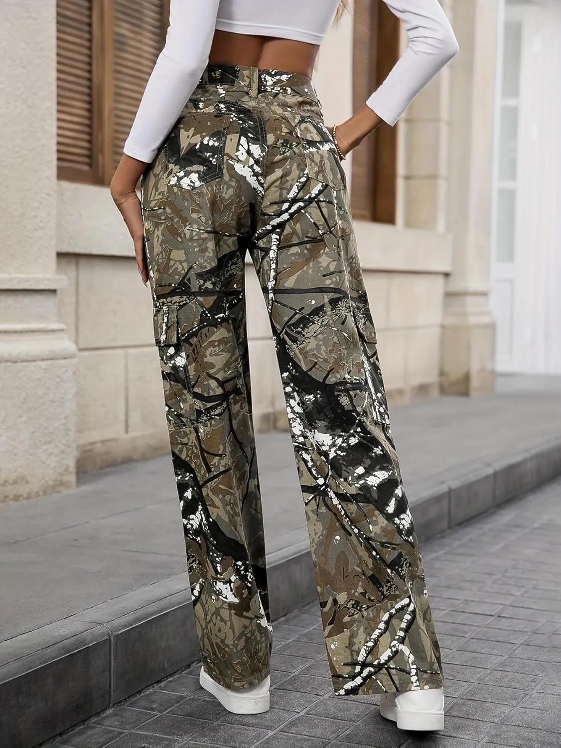 Women Camouflage Cargo Pants Straight Wide Leg Trousers Jeans with Pockets