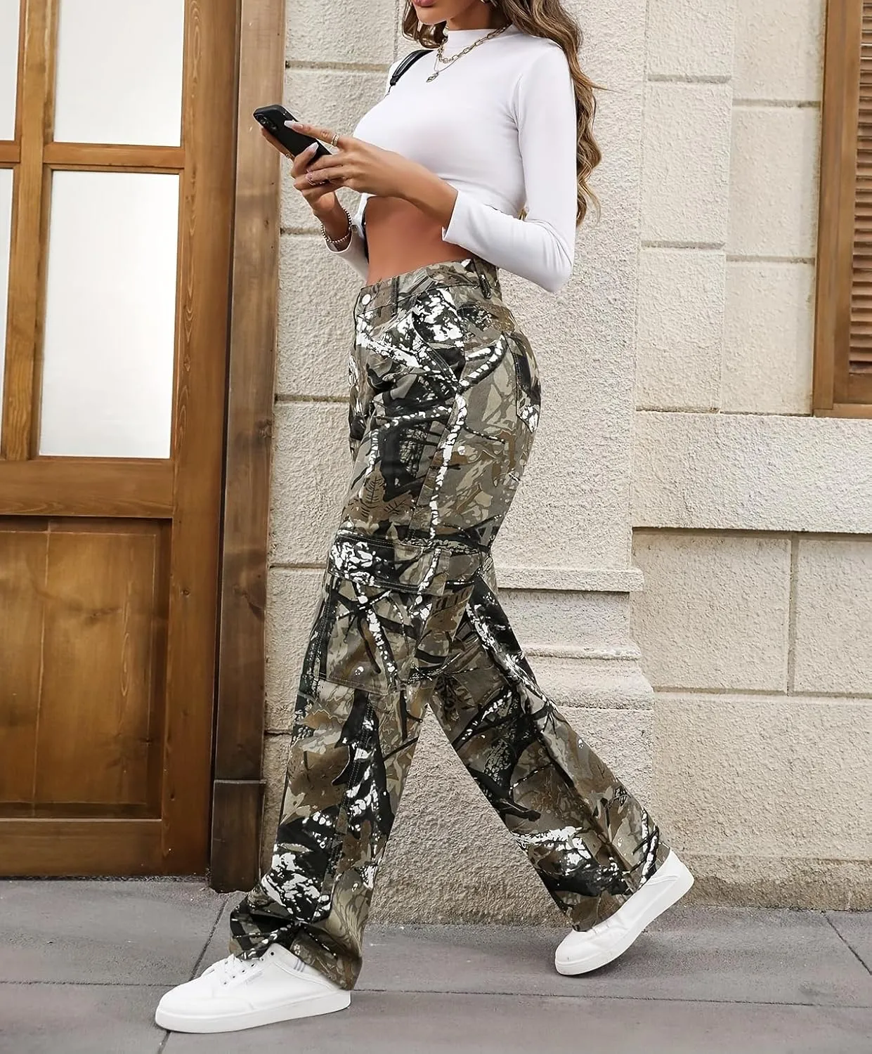 Women Camouflage Cargo Pants Straight Wide Leg Trousers Jeans with Pockets