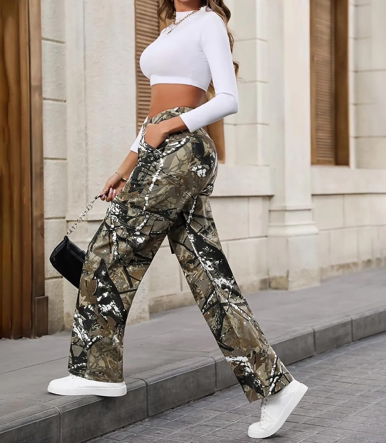 Women Camouflage Cargo Pants Straight Wide Leg Trousers Jeans with Pockets