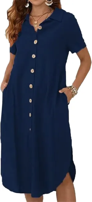 Womens Cotton Linen Shirt Dress Summer Casual Short Sleeve Cover Up Dress Button Down Beach Vacation Dresses Pockets