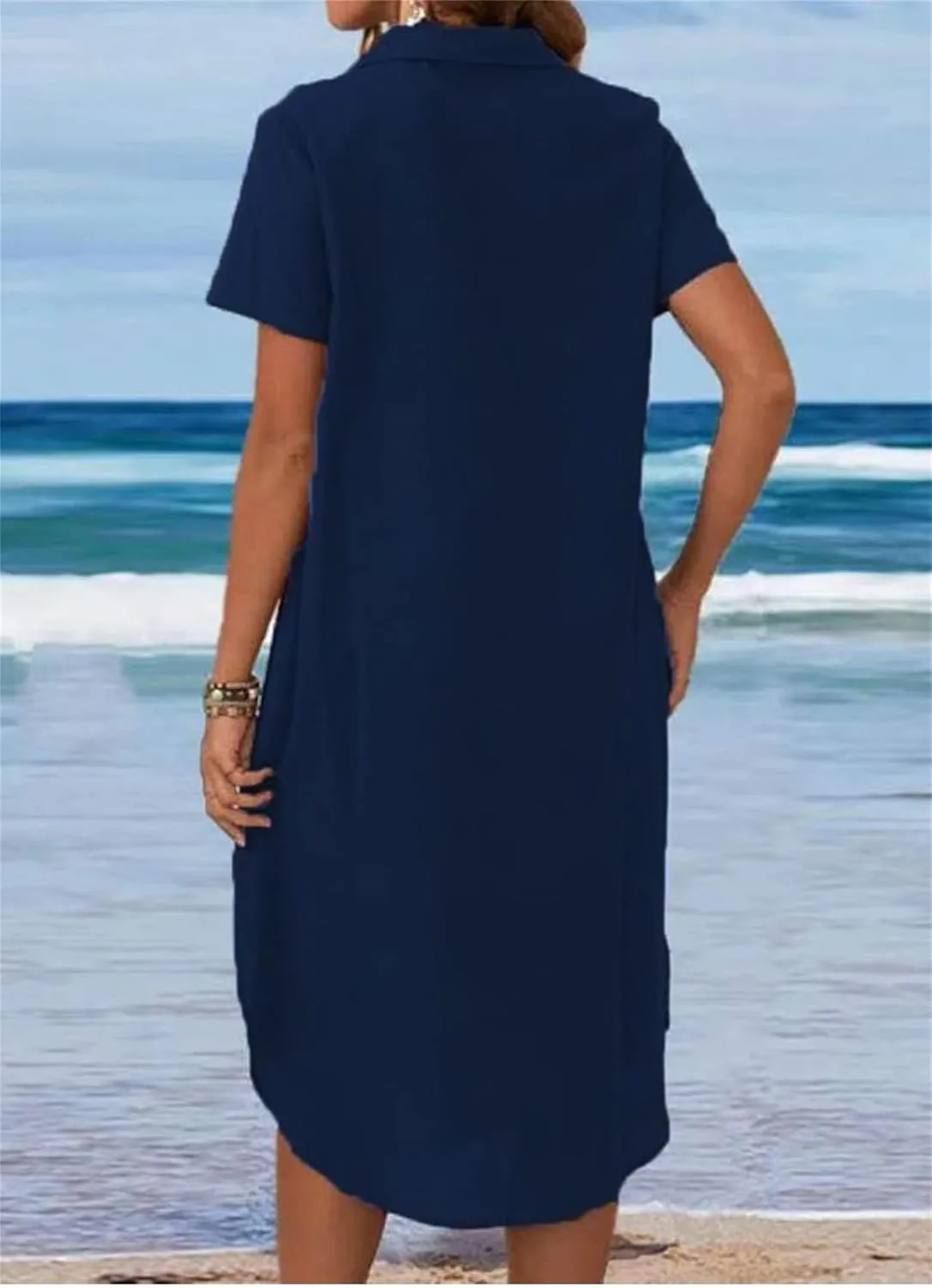 Womens Cotton Linen Shirt Dress Summer Casual Short Sleeve Cover Up Dress Button Down Beach Vacation Dresses Pockets