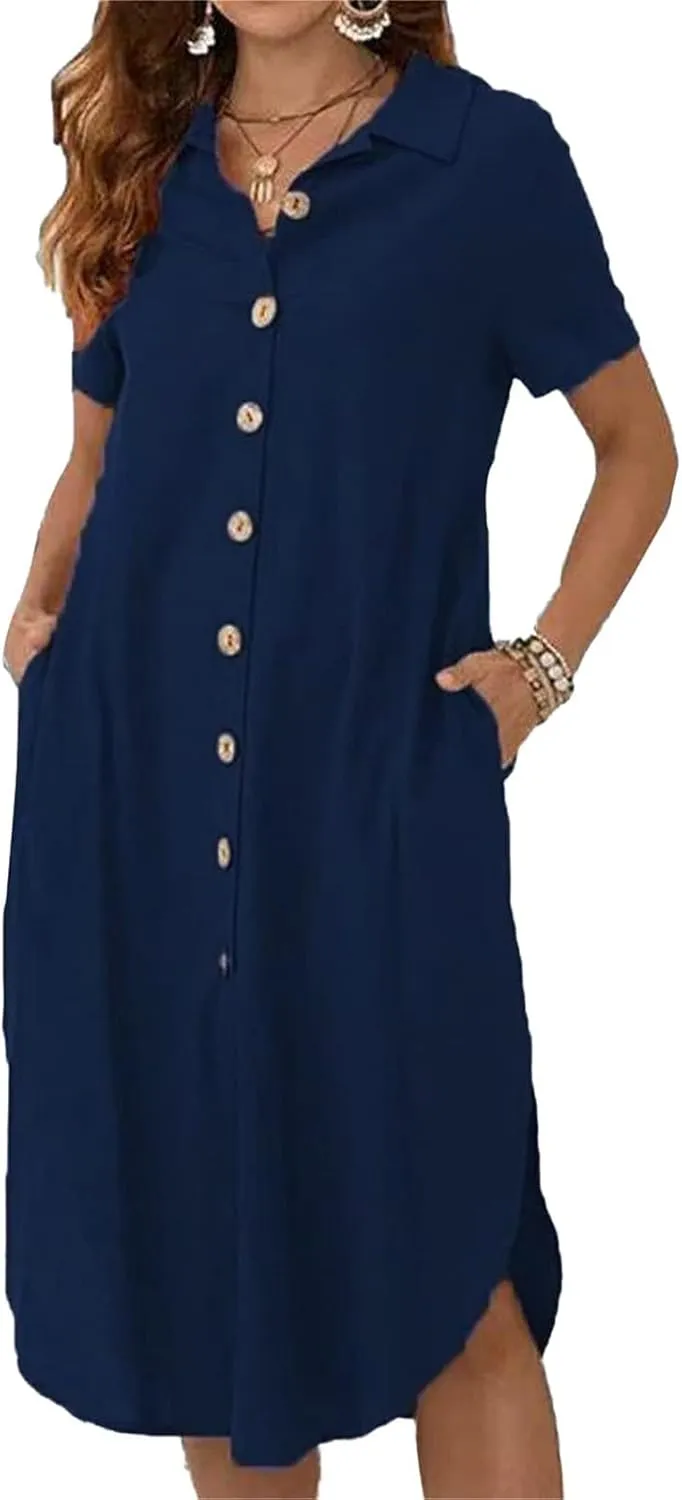 Womens Cotton Linen Shirt Dress Summer Casual Short Sleeve Cover Up Dress Button Down Beach Vacation Dresses Pockets
