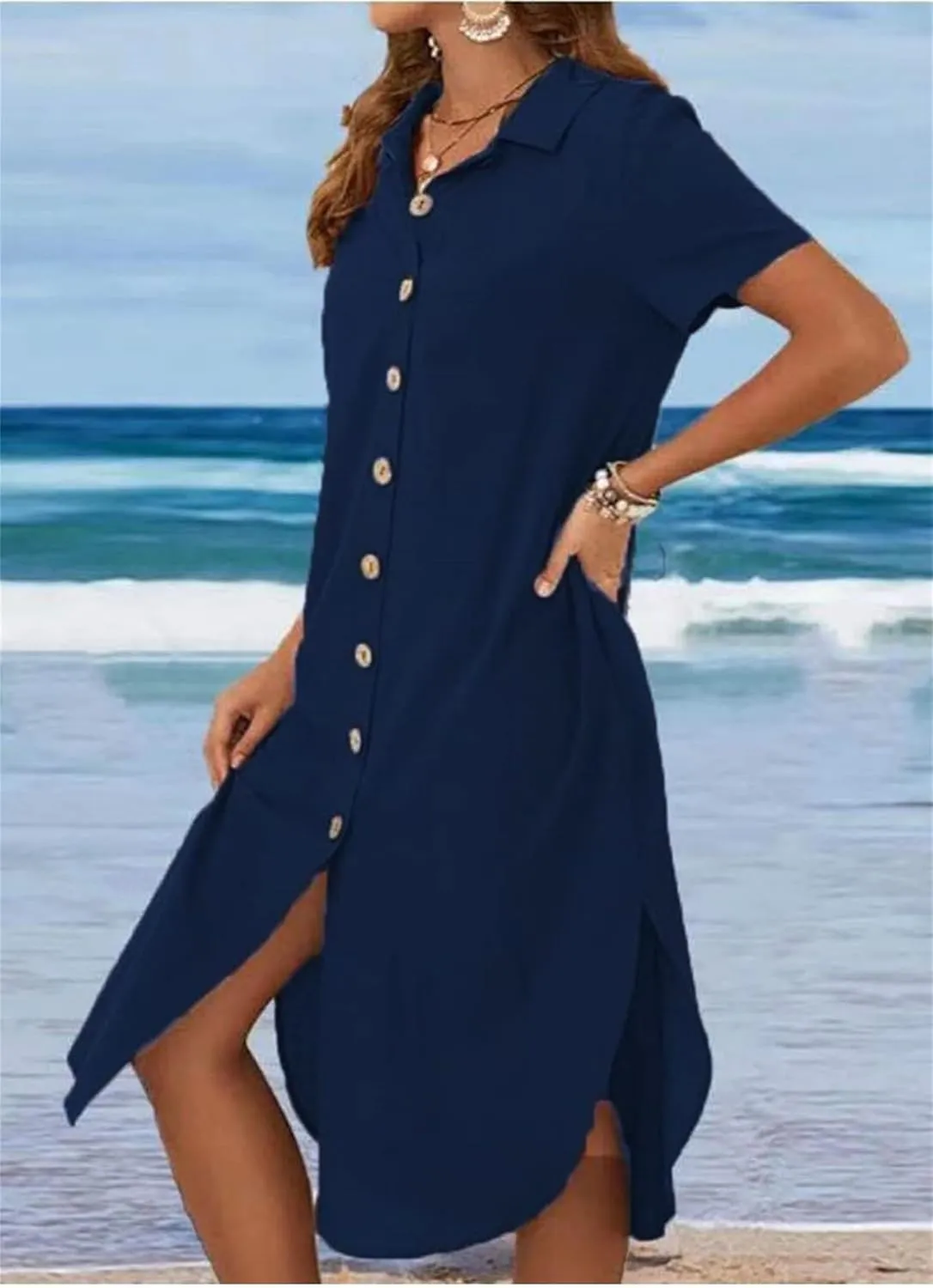 Womens Cotton Linen Shirt Dress Summer Casual Short Sleeve Cover Up Dress Button Down Beach Vacation Dresses Pockets