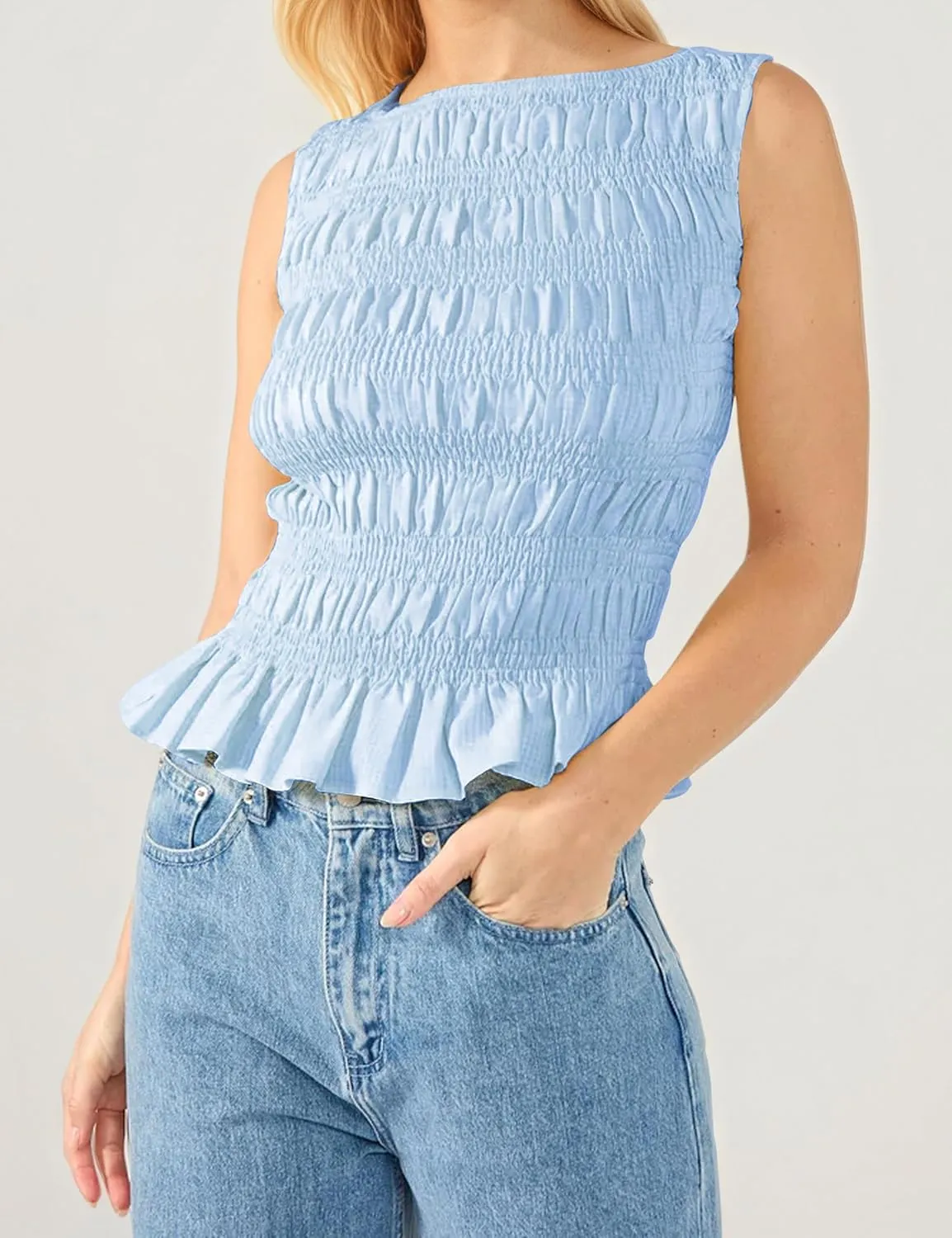 Womens Smocked Shirred Ruffle Top Summer Sleeveless Tiered Ruched Pleated Shirts Peplum Hem Going Out Crop Tee Y2K