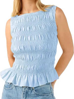 Womens Smocked Shirred Ruffle Top Summer Sleeveless Tiered Ruched Pleated Shirts Peplum Hem Going Out Crop Tee Y2K