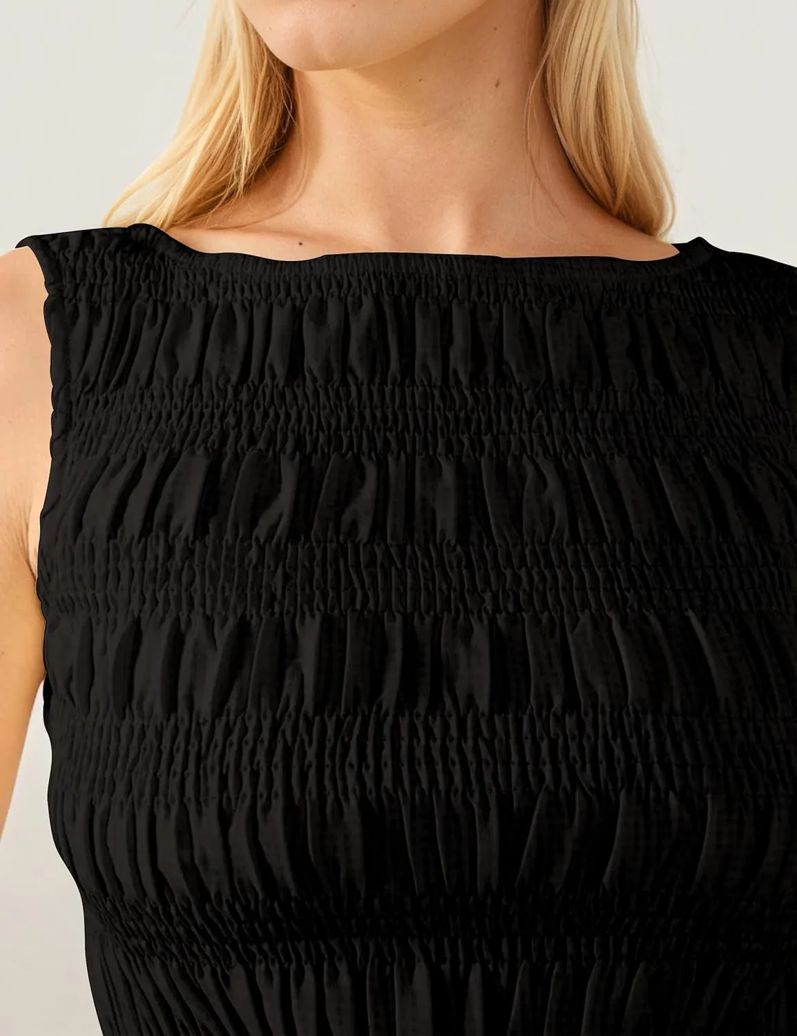 Womens Smocked Shirred Ruffle Top Summer Sleeveless Tiered Ruched Pleated Shirts Peplum Hem Going Out Crop Tee Y2K