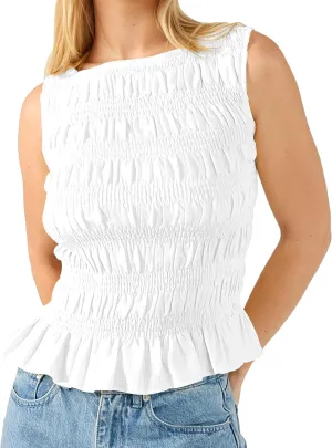 Womens Smocked Shirred Ruffle Top Summer Sleeveless Tiered Ruched Pleated Shirts Peplum Hem Going Out Crop Tee Y2K