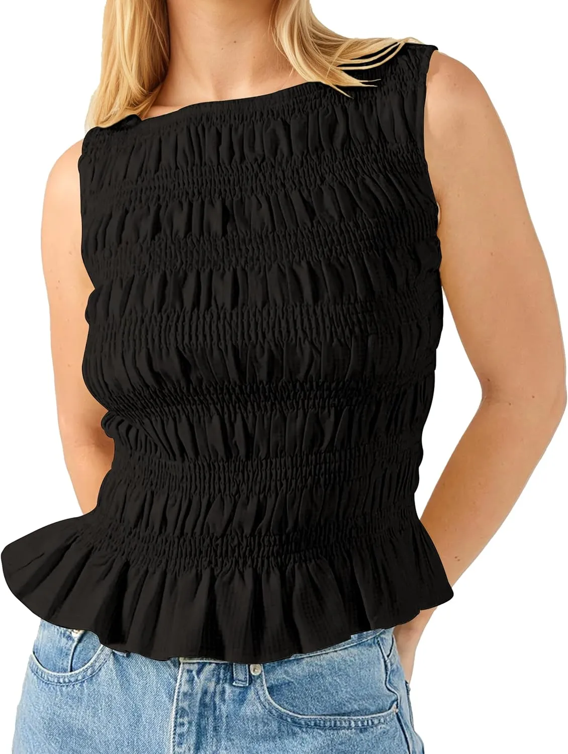 Womens Smocked Shirred Ruffle Top Summer Sleeveless Tiered Ruched Pleated Shirts Peplum Hem Going Out Crop Tee Y2K